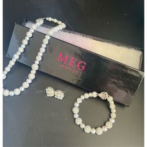 Meg Jewelry 3 Piece Faux Peal and Stone Bridal Set with Necklace, Earrings, and